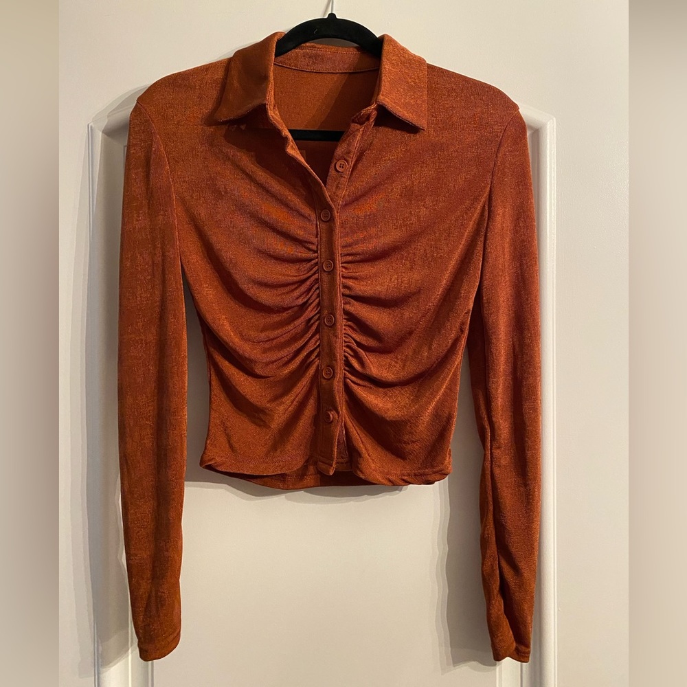 Burnt Orange Ruched Ruffle Button Down - Picture 2 of 4